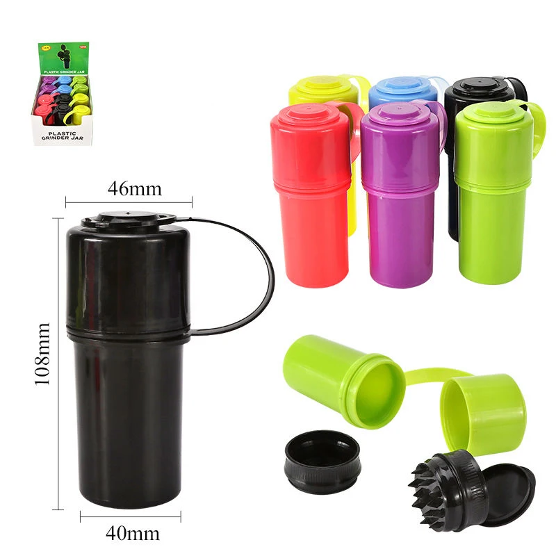 Portable 2 In 1 Plastic Bottle Stash Jar With Grinder Plastic Herb Grinder Jar Storage Container