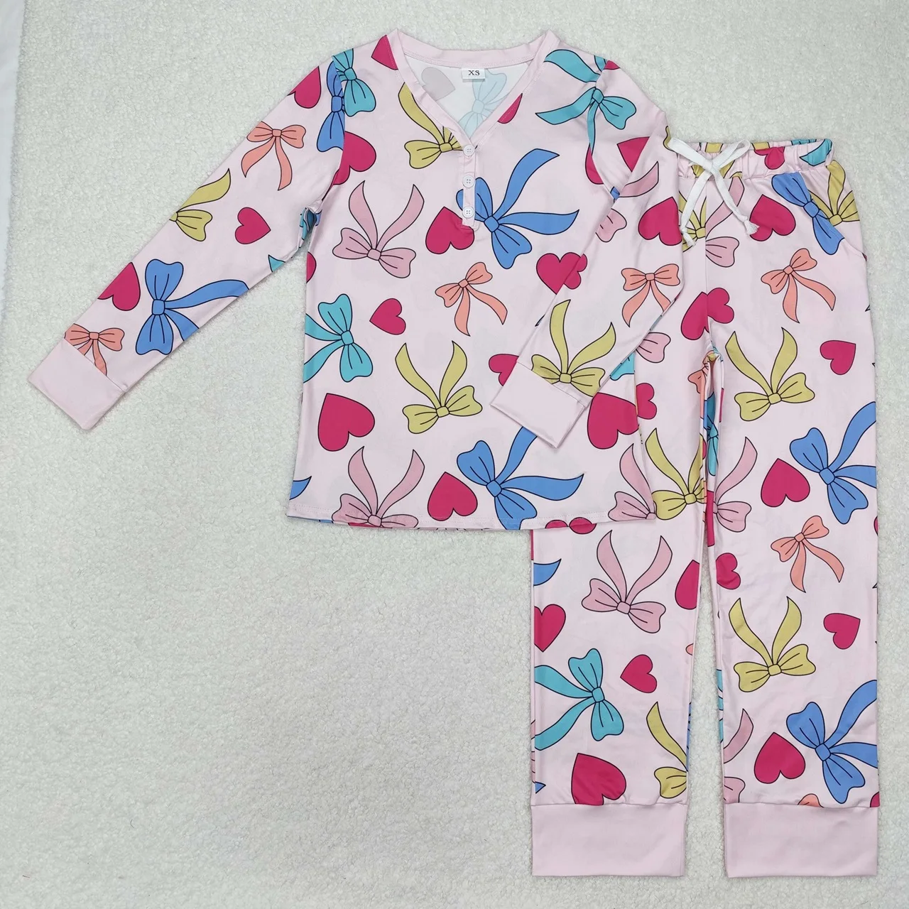 

Wholesale Adult Women Pajamas Long Sleeves Hearts Buttons Shirt Woman Set Sleepwear Pants Bows Valentine's Outfit Nightclothes