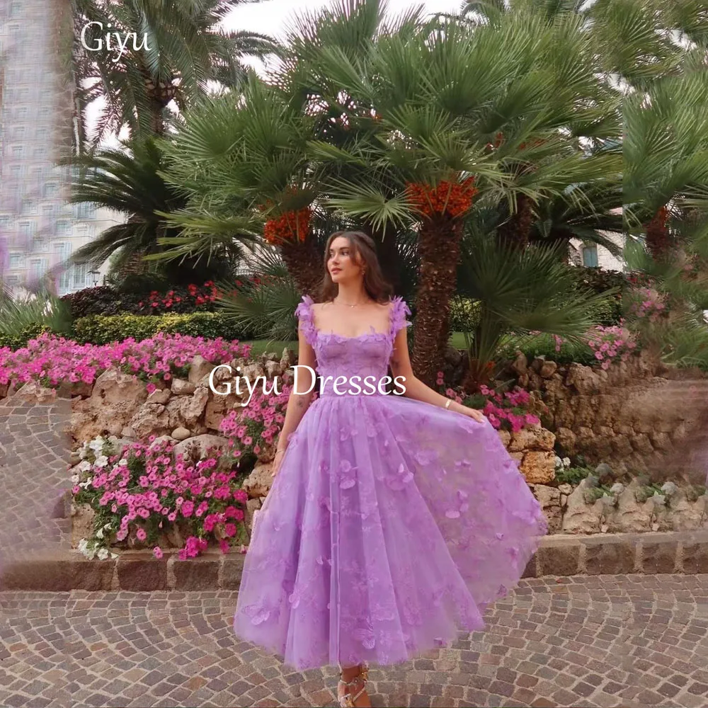 Giyu Sexy Purple 3D Flower Evening Dress Square Neck and Nude Skirt Tulle Vest De Novias Formal Evening Dress Customized