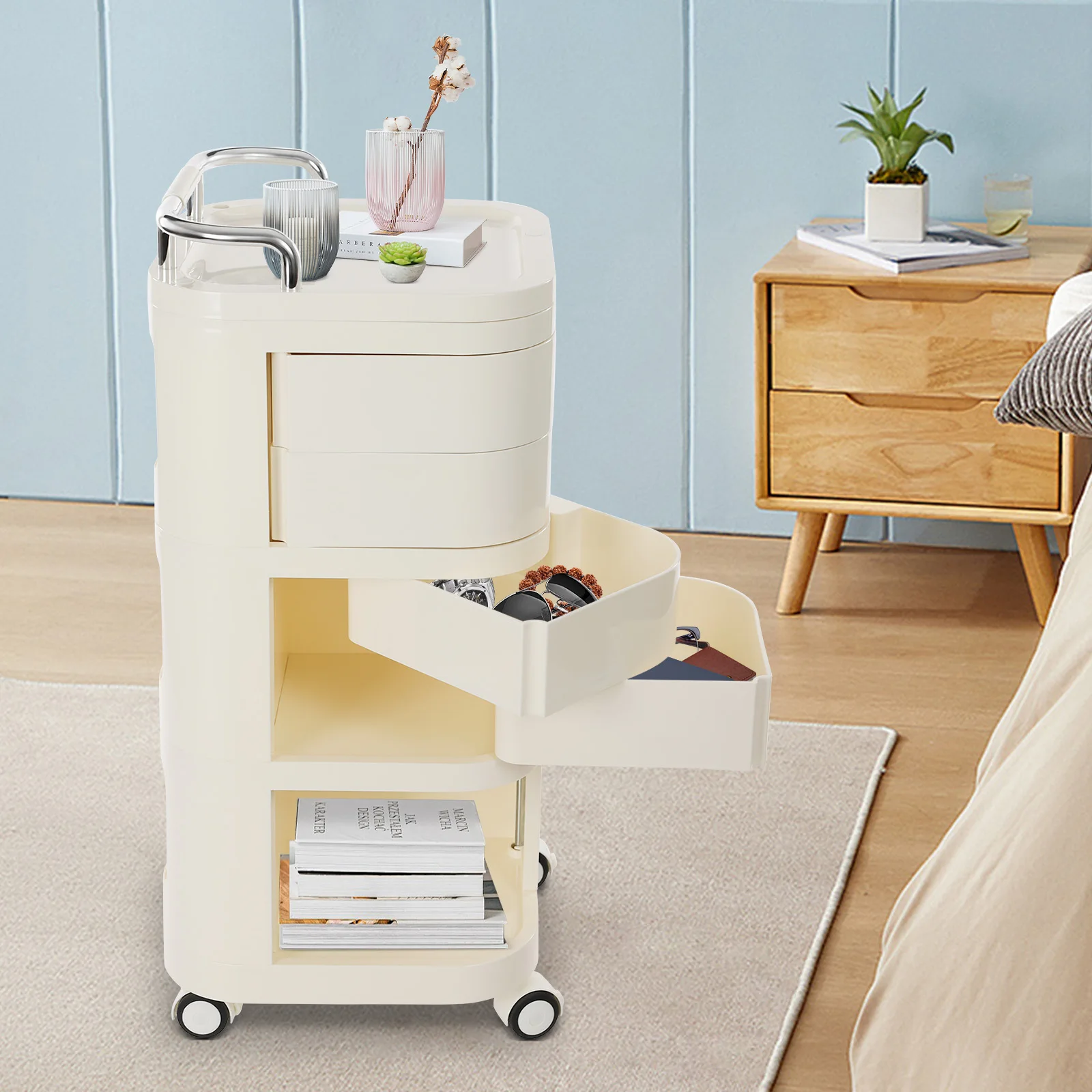 

Кремовая трехслойная тележка для закусок из АБС-пластика 36x36x79 см с четырьмя ящиками, стеллаж для хранения на шкиве и мобильным шкафом для хранения