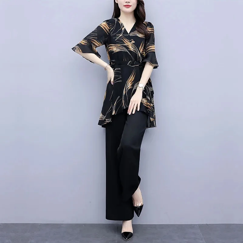 Korean Fashion Loose Wide Leg Pant Suit Women Plus Size 4Xl Casual Two Piece Set Elegant Irregular Print Blouse Female Outfits