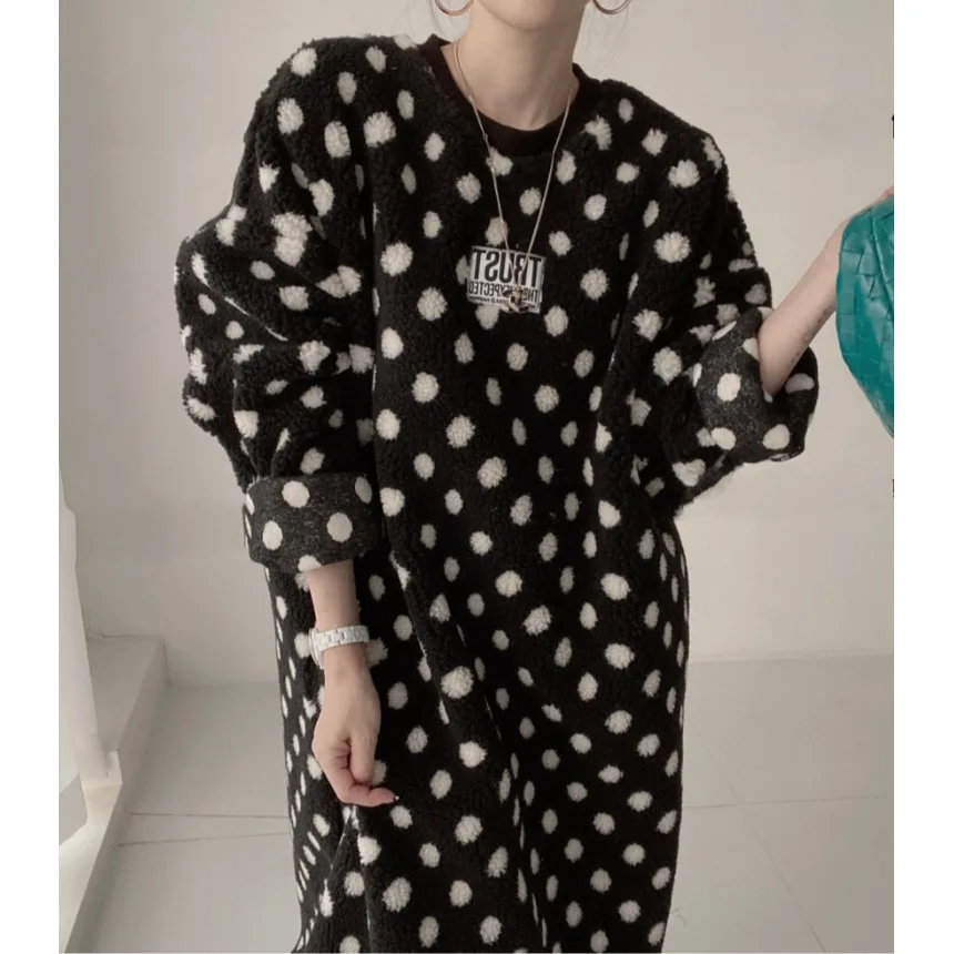 

Polka Dot Lamb Fur Long Dr Women's round Ne Loose Autumn Winter Thi Warm Anti-Aging Hemline Trendy Korean Sle Dr