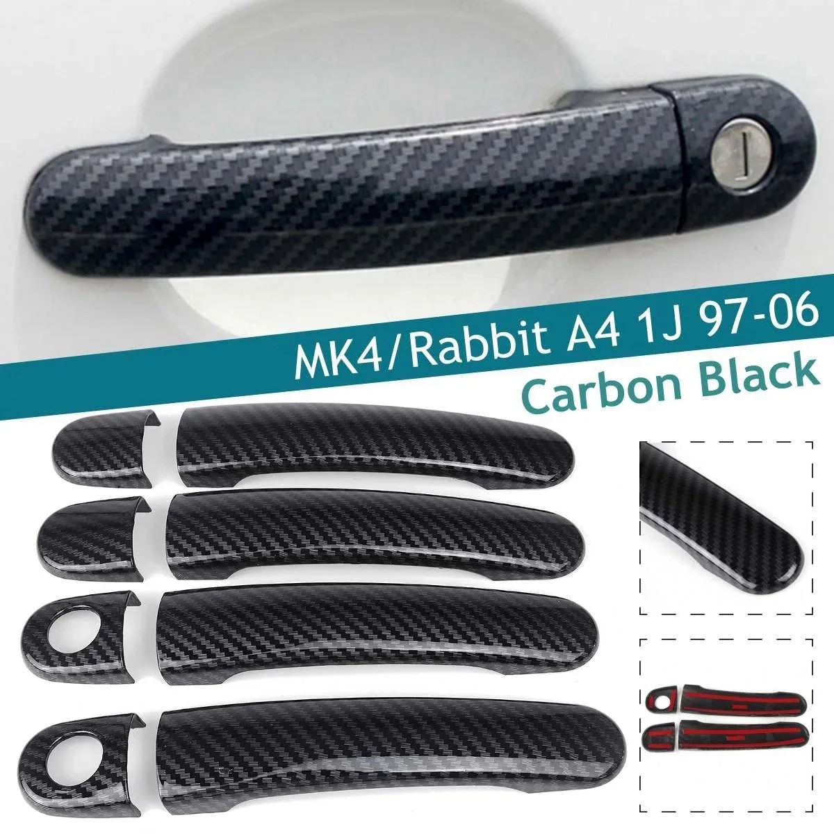 8PCS for Golf 4 MK4/Rabbit A4 1J 1997-2006 Door Handle Cover Trim Carbon Fiber Black Car Door Handle Covers 2 Holes