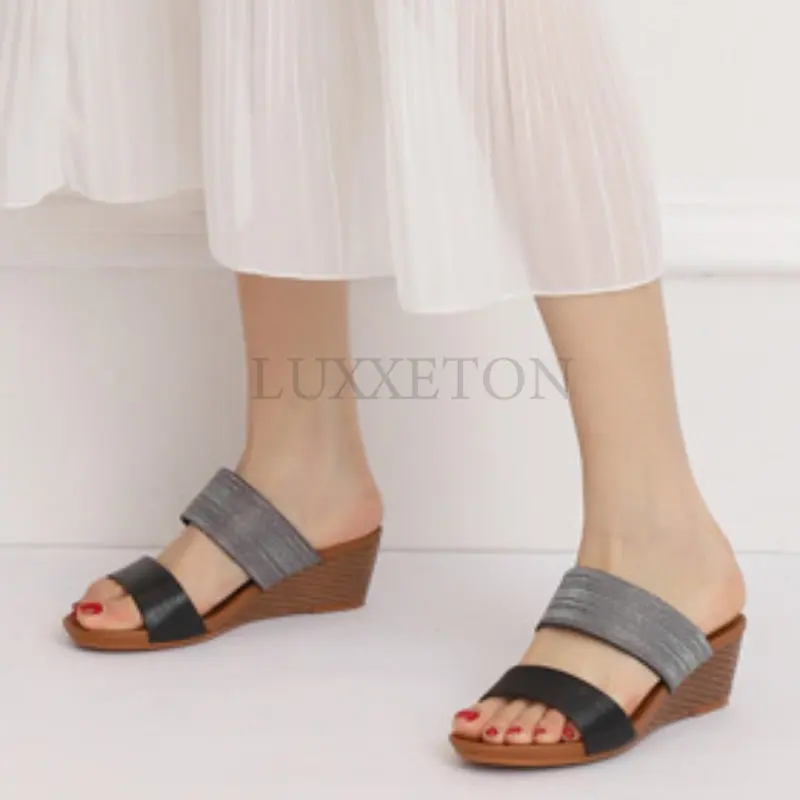 Women Platform Slip On Summer Heeled Mules Shoes Open Toe Wedges Slides Casual Leisure Beach Gladiator Sandals Plus Size 44