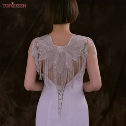 TOPQUEEN Heavy Handmade Shawl Clothing Patch Rhinestone Tassel Applique Wedding Party Dress Back Decoration Customized  SP59