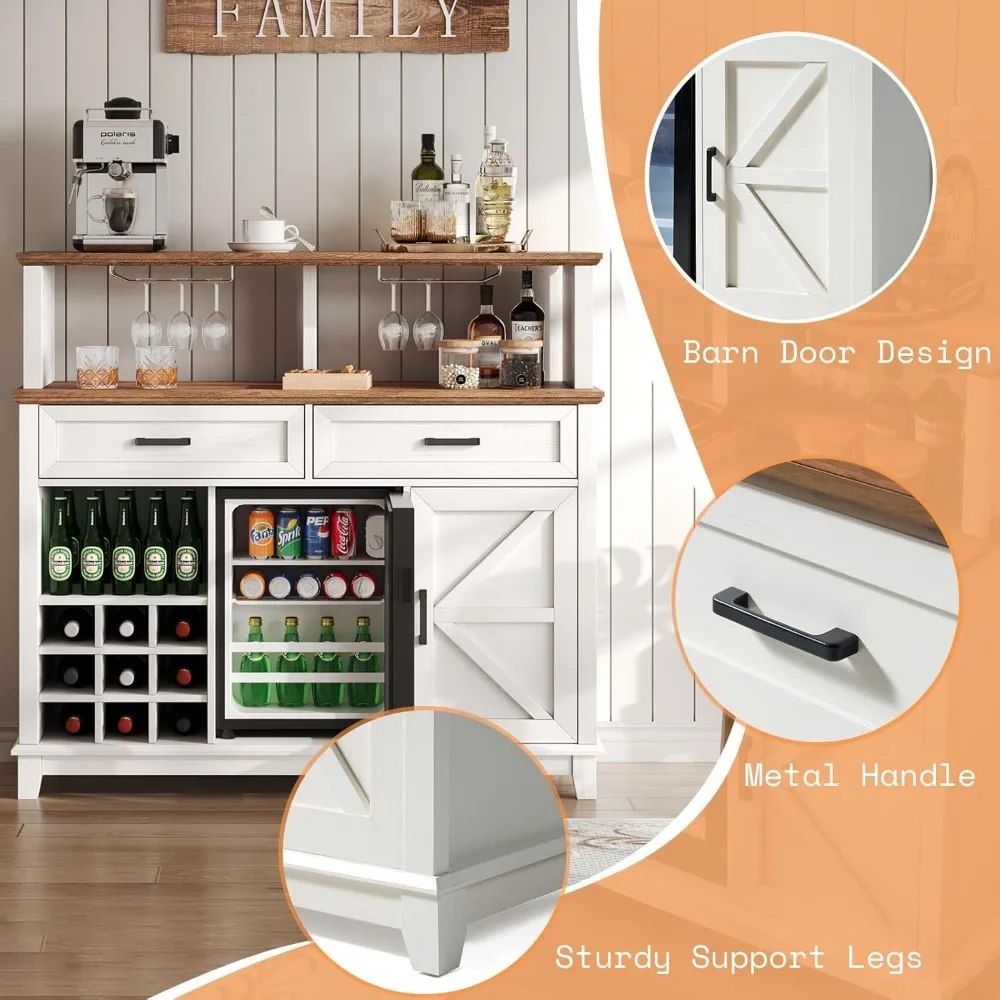 47-calowa szafka kawowa w stylu wiejskim z 15-calową lodówką oraz stojakiem na wino i uchwytem na szklanki, szafka na wino z szufladami do przechowywania