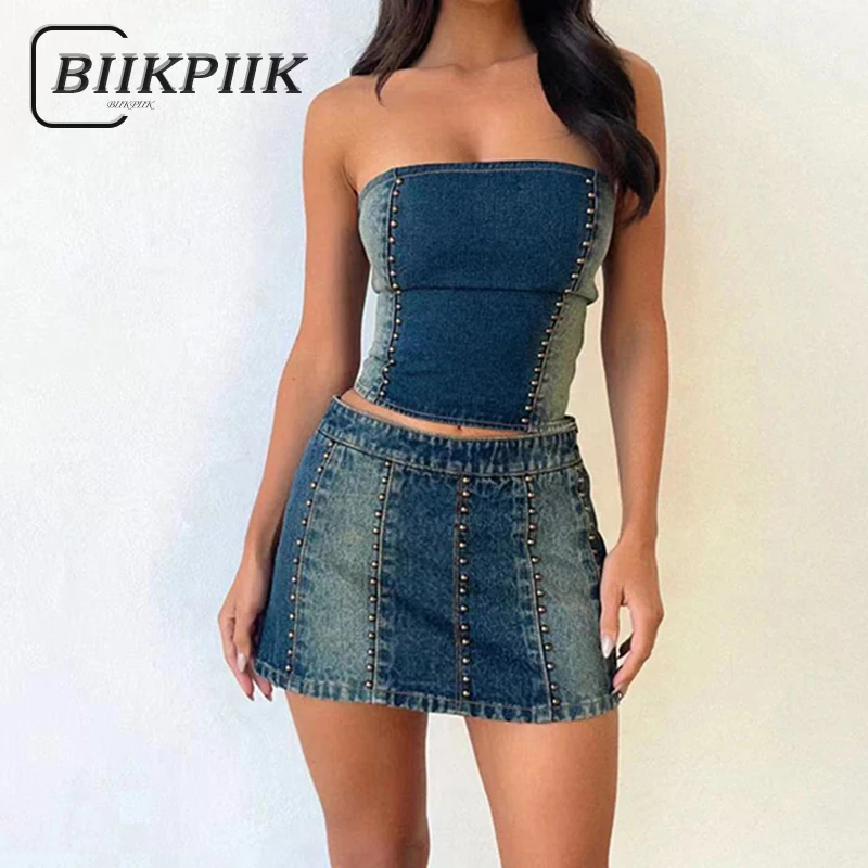 BIIKPIIK Women Streetwear Rivet Two Piece Sets Zipper Off Shoulder TanKS Top + HIgh Waist Fashion Skirts Suits Clubwear Outfits