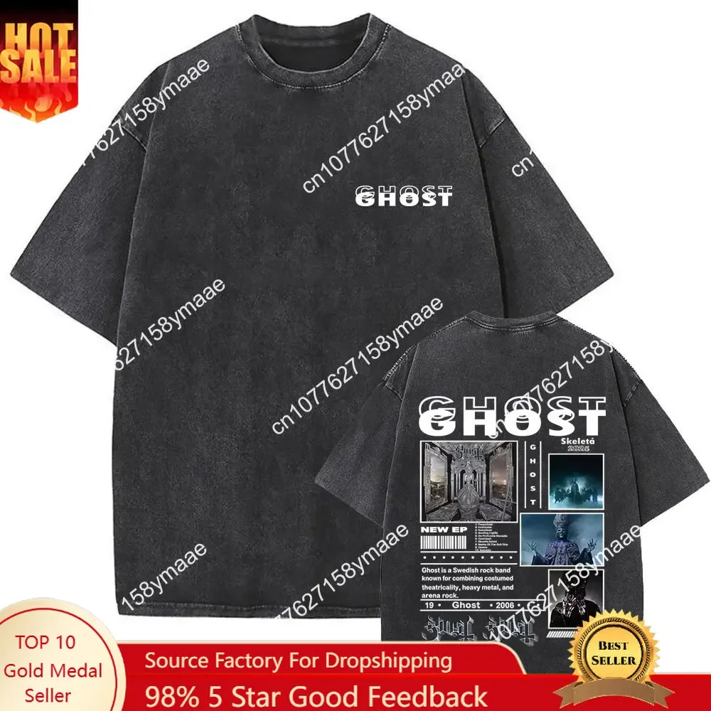 Ghost Band 2025 New Album Skeleta Vintage Washed T Shirts Terror Skeleton T-shirt Men Women Gothic Metal Rock Oversized T-shirts
