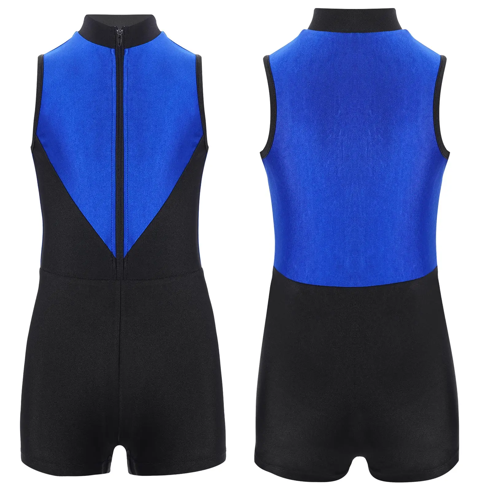 

Boys Color Block Gymnastics Leotard Dance Sleeveless Zipper Stand Collar Short Jumpsuit for Training Performance Competition