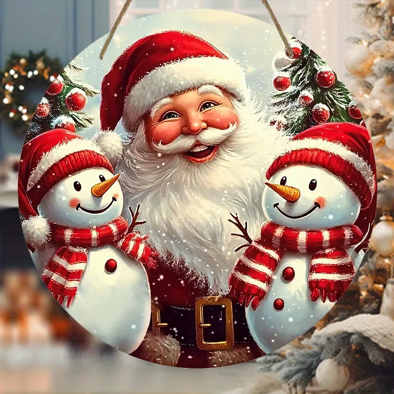 Christmas Wooden Wreath Sign with 2D Relief Snowmen and Santa Claus - Indoor & Outdoor Festive Decoration, Collectible Figurine