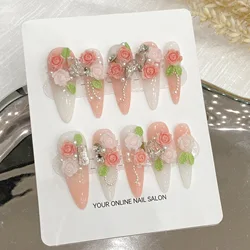10pcs Ins Rose Flower Press On Nails Gradient Orange French Style Long Almond Handmade False Nails Glossy Diamond Fake Naii Tips