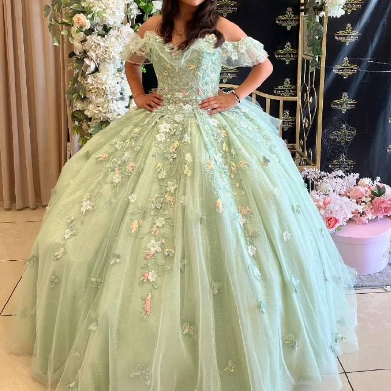 

Sage Green Shiny Ball Gown Quinceanera Dress Applique Lace Beadeds Bow Sweet 16 Dress Birthday Party Dress Vestidos De 15 Años