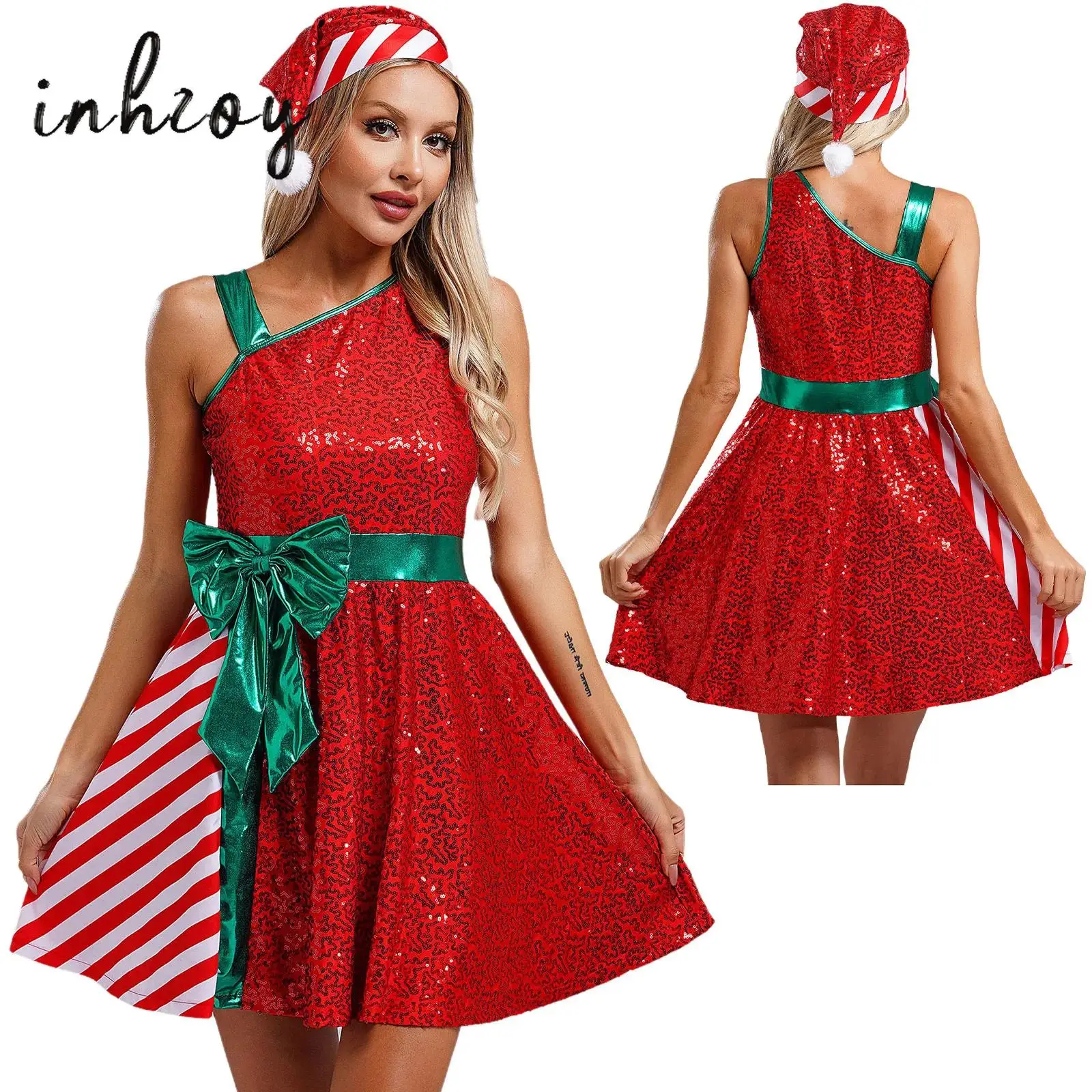 Women Christmas Outfit Sleeveless Sequins Stripes Miss Santa Cosplay Mini Dress with Hat Set New Year Party Cosplay Costume