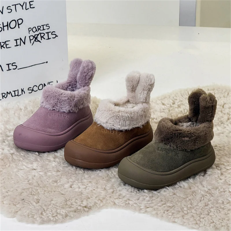 

Зимние детские зимние сапоги, коллекция 2024, кожаные милые кроличьи уши, теплая детская обувь на меху, нескользящие модные ботинки для мальчиков и девочек, размеры 22–37 г.