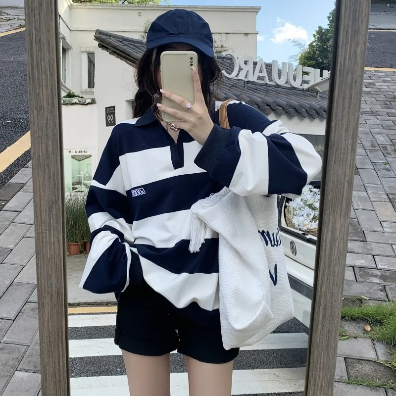 Harajuku Striped Y2k Sweatshirt Women Korean Style Preppy Pullover Female Fashion Polo Sweatshirt Ladies Casual Long Sleeve Tops