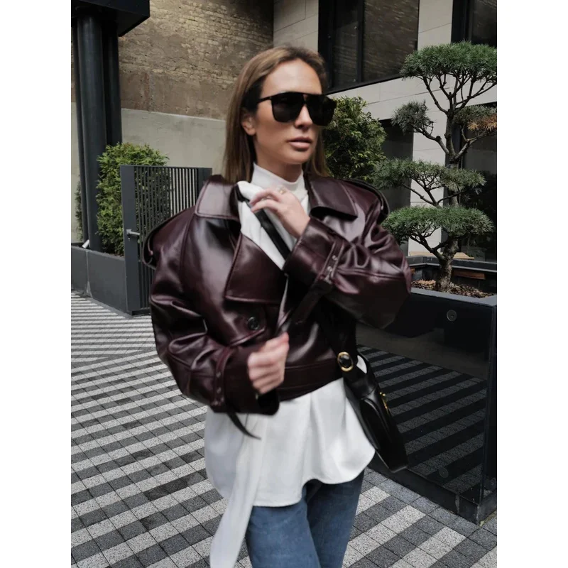 Ximina Elegant Vintage Wine Red Lapel Jackets Women Chic Belt Slim Cropped Coat Spring Fashion Lady High Street Party Outerwear