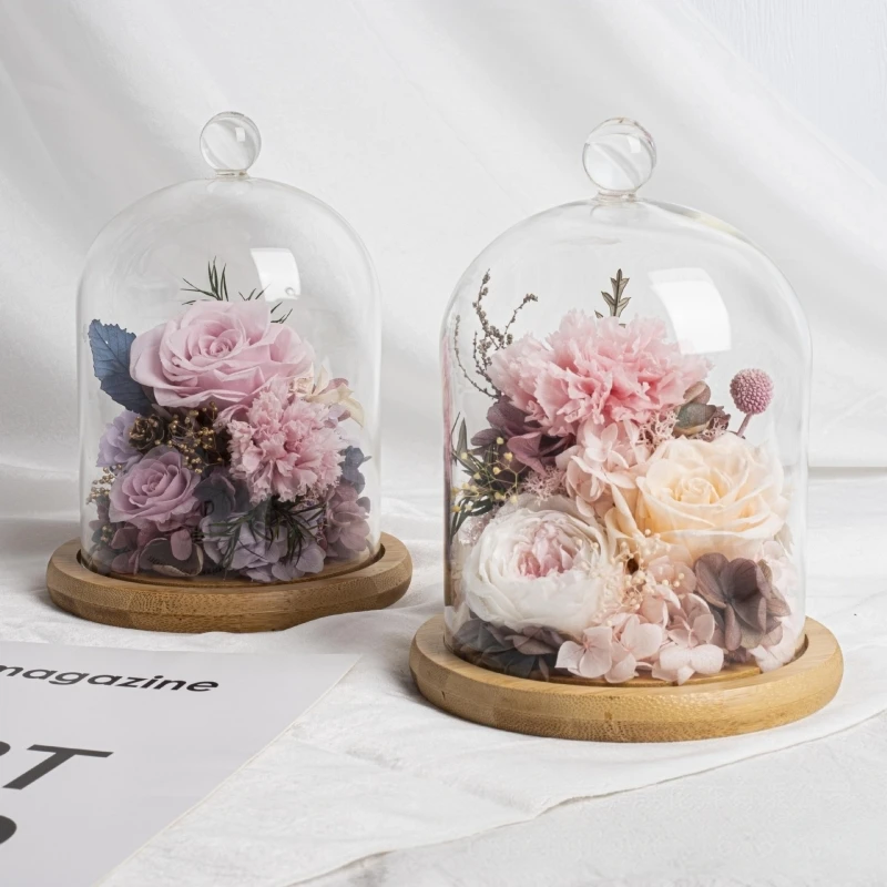 FS 2 ensembles/paquet 12*16cm Vase à dôme en verre avec couvercle transparent et base en bambou, décoration d'intérieur, accessoire de mariage, cadeau DIY pour amis