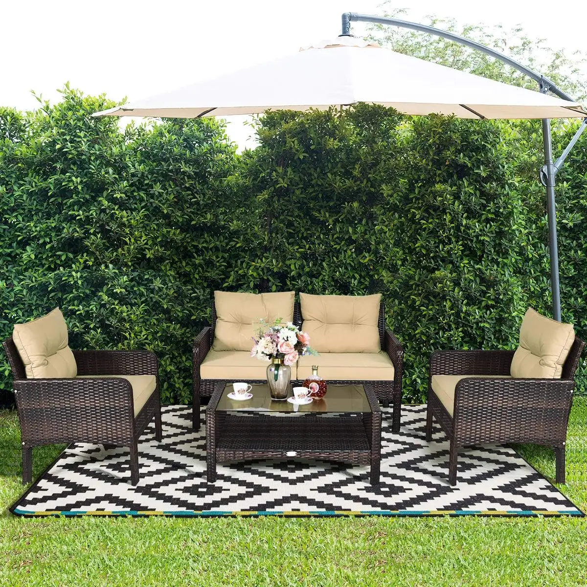 4-Piece Outdoor Wicker Conversation Set with Glass Table, All-Weather Cushions for Porch, Garden, Poolside