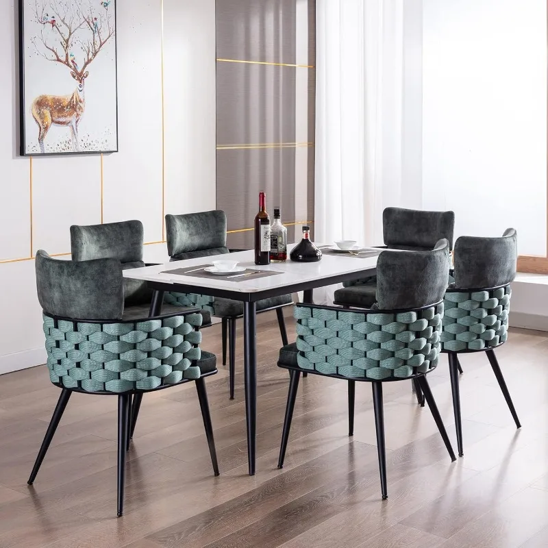 

Dining Chairs Set of 6, Handmade Woven Kitchen Chairs, Upholstered Velvet Dining Chairs with Metal Legs for Kitchen,