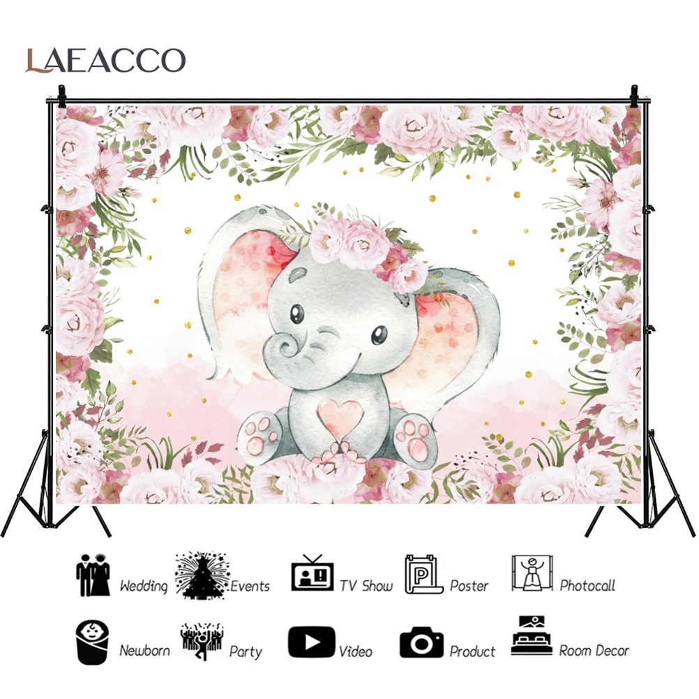 Cartoon Elephant Baby Shower Boy Girl Birthday Party Photography Background Blue Pink Flowers Decor Newborn Portrait Backdrop