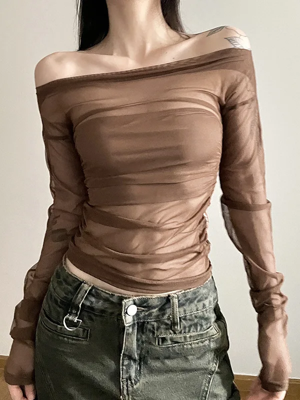 

Slimming Me T-irt oulder Bared Long Sve One Ne Design Pure Color Casual Faion Women's Top Polyester Material