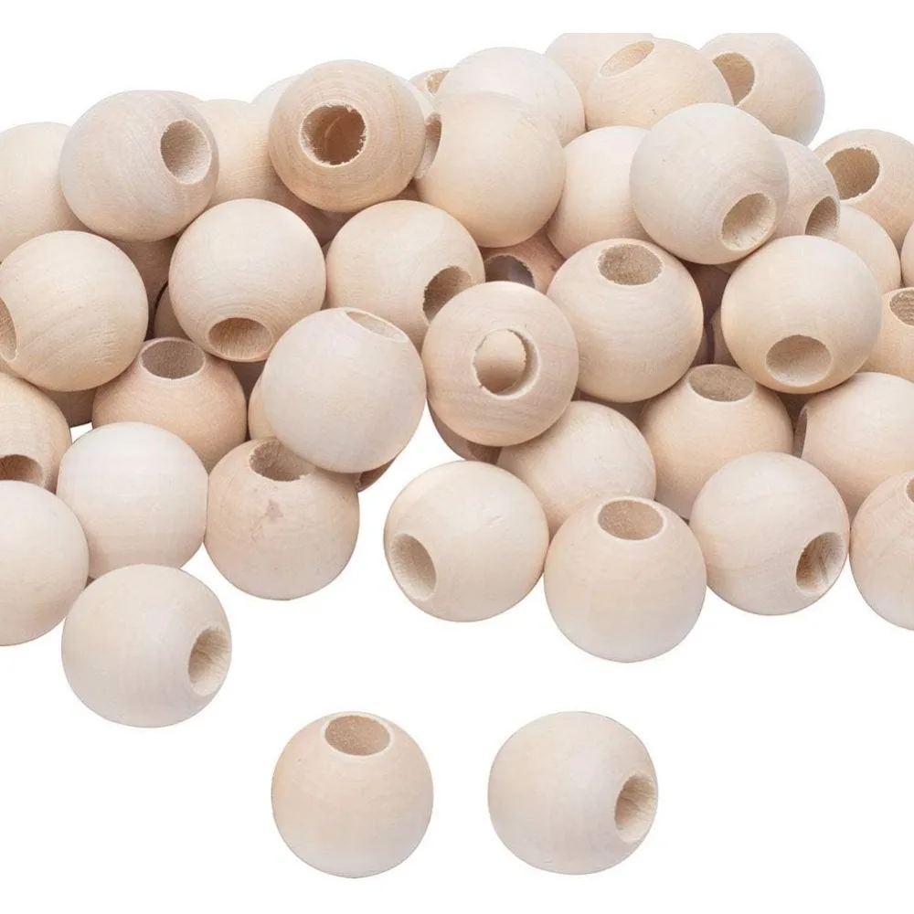 Wooden Beads, 60Pcs 25mm(1 Inch) Natural Unfinished Wood Spacer Beads with 10mm Large Hole Ball Wooden Loose Beads Large Hole