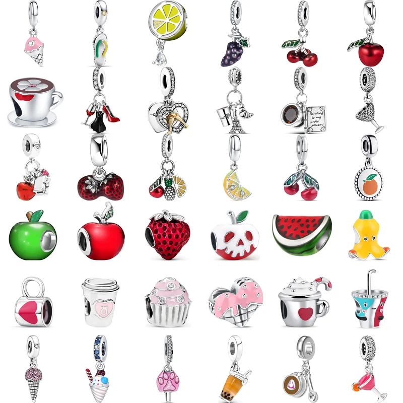 

Fit Pandora Charms Bracelet 925 Silver Ice Cream Drinks Pearl Milk Tea Red Wine Coffee Cup Cherry Apple Strawberry Beads Jewelry