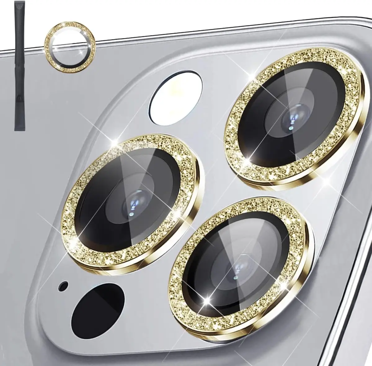 iPhone 15/16/17Pro Max用 キラキラピンクレンズフィルム 2～3枚入り カメラレンズ保護 9H強化ガラス製 カメラカバー メタル個別リング付き