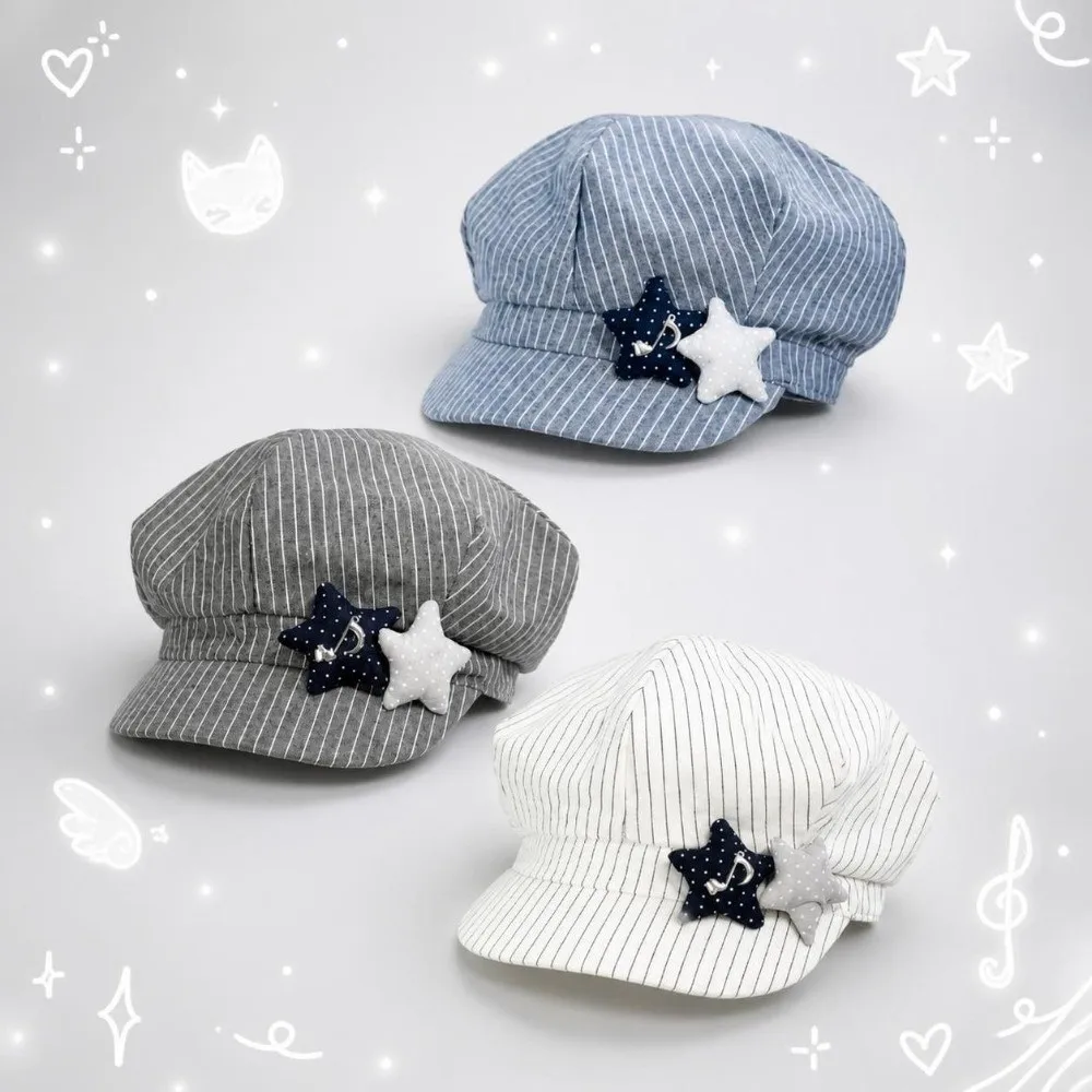 Retro Striped Beret Hat Soft Foldable Newsboy cap Star Decoration Octagonal Hat for Girls