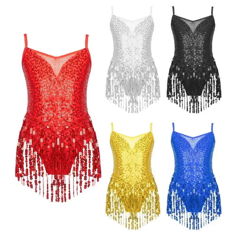 Dziewczęta Latin Jazz Dance Dress Kids Shiny Sequins Tassel Fringe Mesh Ballroom Samba Tango Cha Cha Dance Leotards Rave Costume 2022