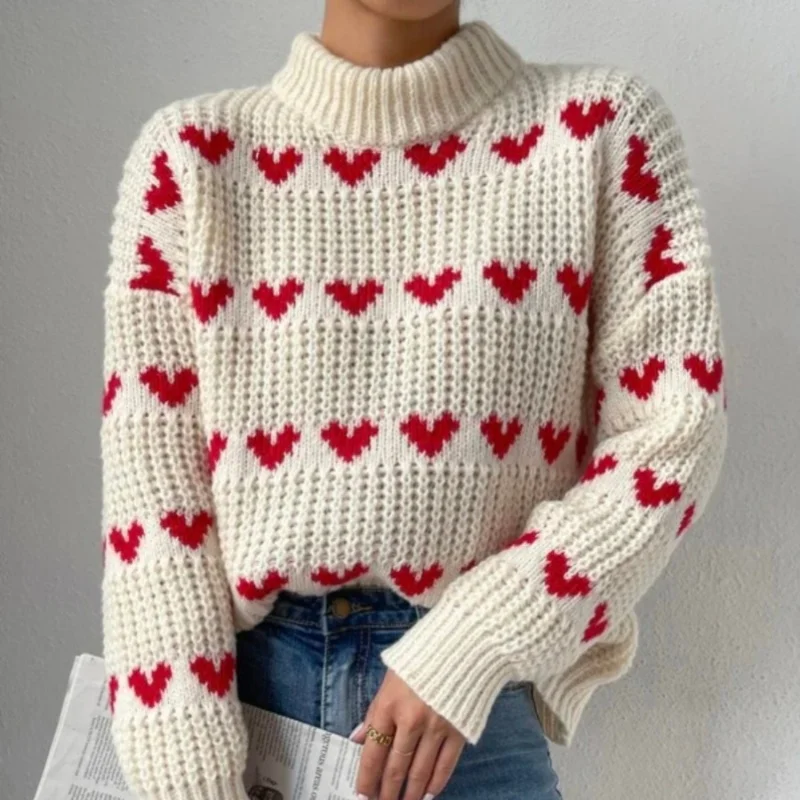 Nuevos suéteres de moda Otoño Invierno para mujer, suéter de punto cómodo y fácil de combinar con cuello redondo, Top holgado de Jacquard en forma de corazón