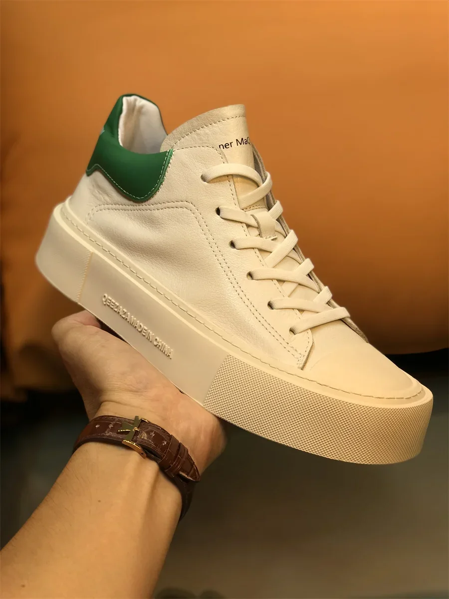 2024 Spring And Autumn New Men's Casual Shoes Genuine Leather Mid Top Small White Shoes Korean Edition Board Shoes