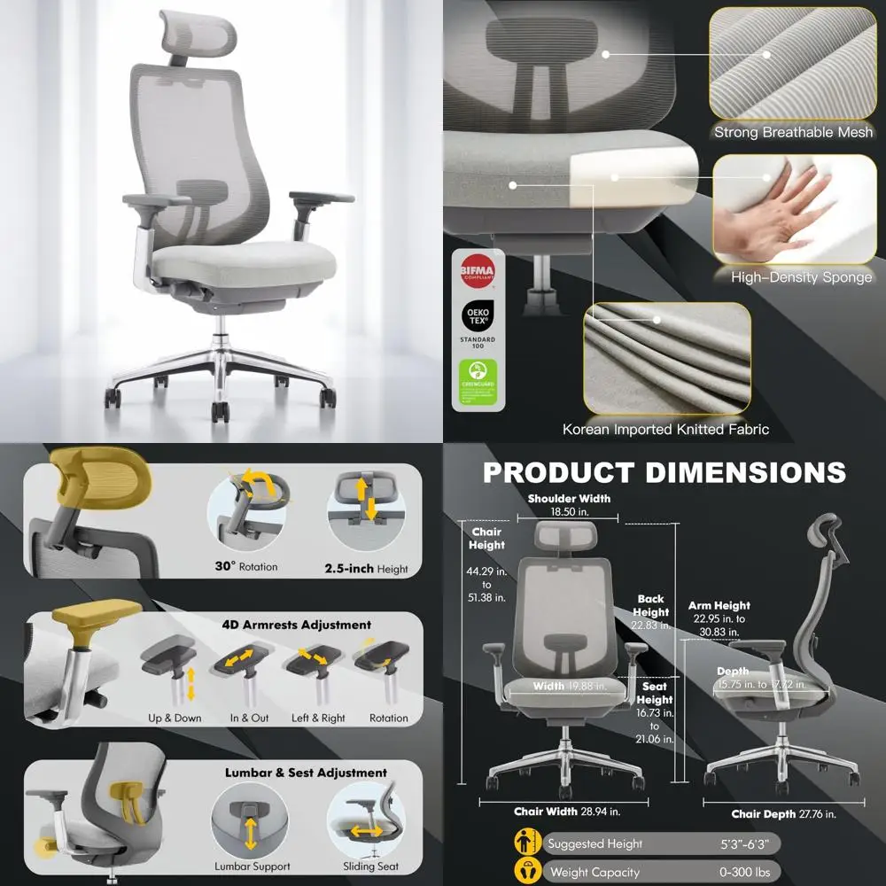 

Эргономичное сетчатое кресло с высокой спинкой для офисного стола, регулируемый подголовник и подлокотники, поясничная поддержка, раздвижное сиденье, функция блокировки наклона