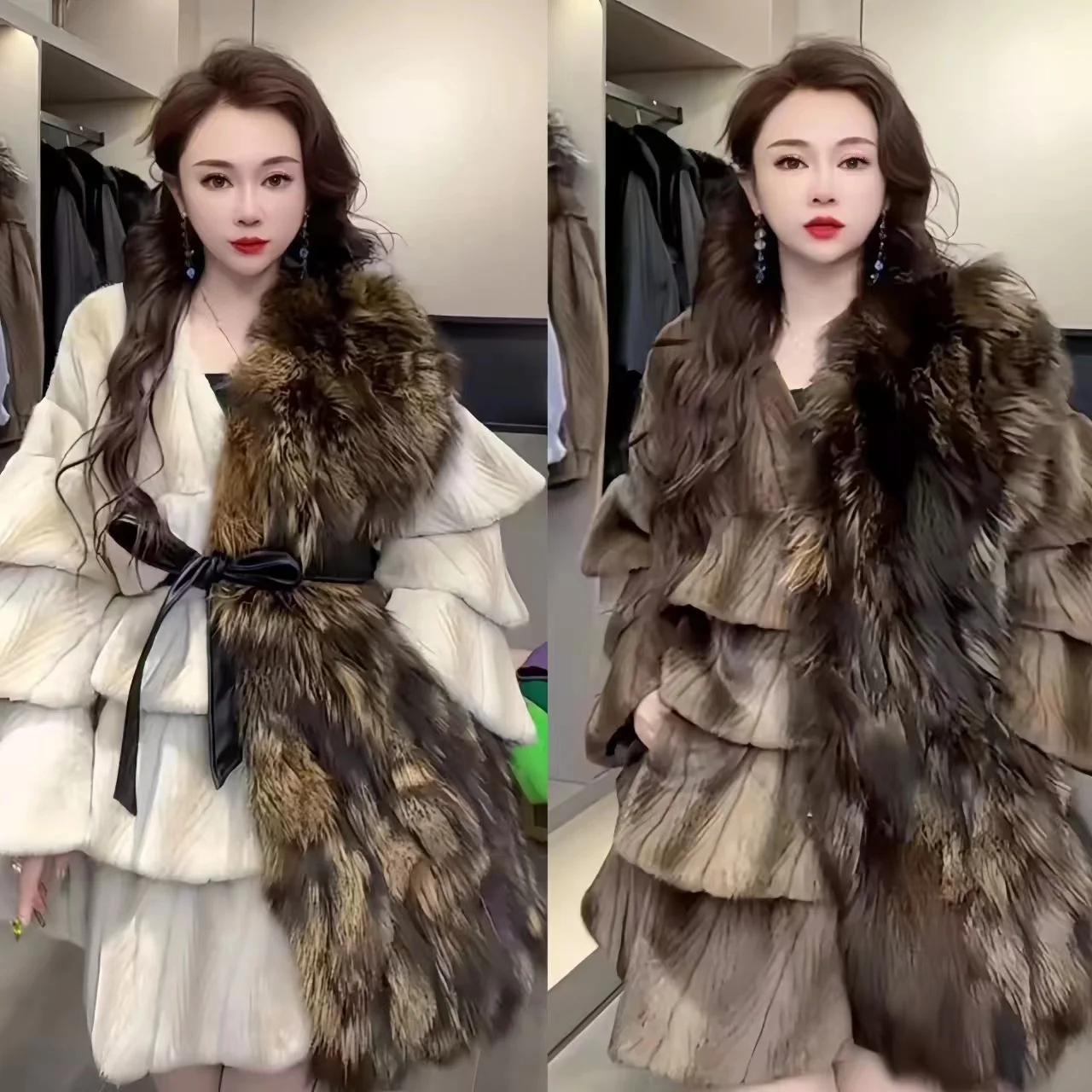 Women's Faux Fox Fur Coats,England Style Jacket, Adjustable Waist Female Clothes,Fur Collar,Spliced,Winter,New