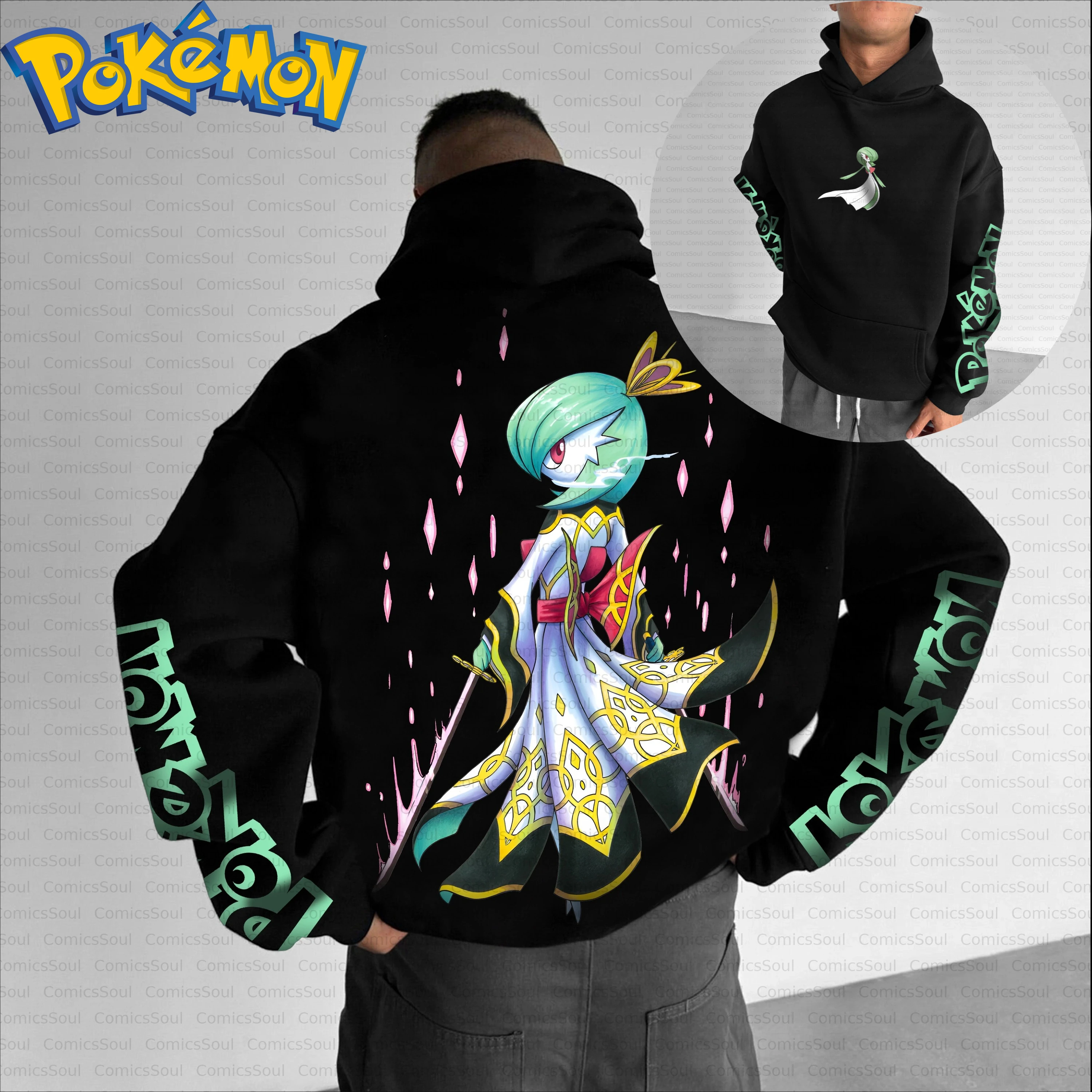 Conjunto de moletom com capuz Pokémon de algodão preto e calças Harajuku com estampa Gardevoir, efeitos azuis rosa e manga verde, design casual com logotipo