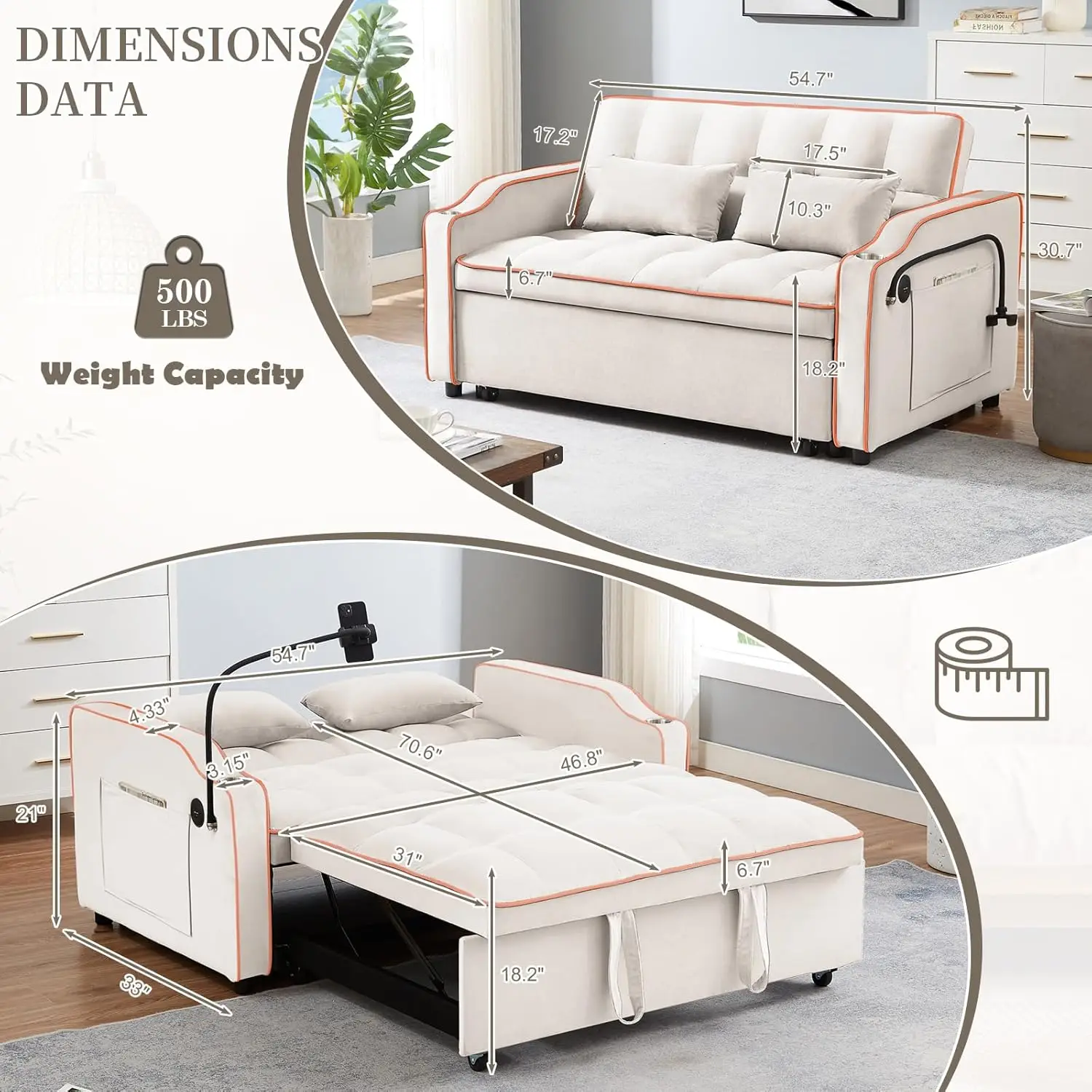 Divano letto estraibile in velluto convertibile 3 in 1 con porta USB e di tipo C, comodo Futon Loveseat con schienale regolabile e supporto per telefono e portabicchieri