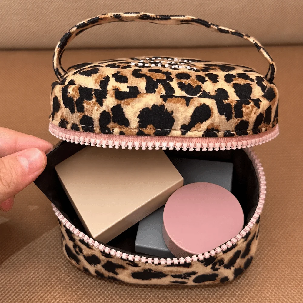 Portable Leopard Print Square Storage Box Handheld Zipper Design Makeup Bag Handbag Home Travel