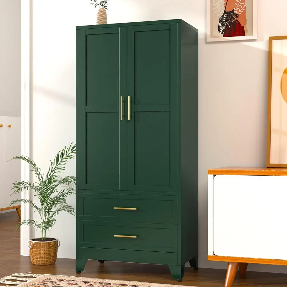 71 Metal Armoire Wardrobe Closet, Tall Clothing Storage Cabinet with Hanging Rods and 2 Drawers, Household Closet Organizers wit