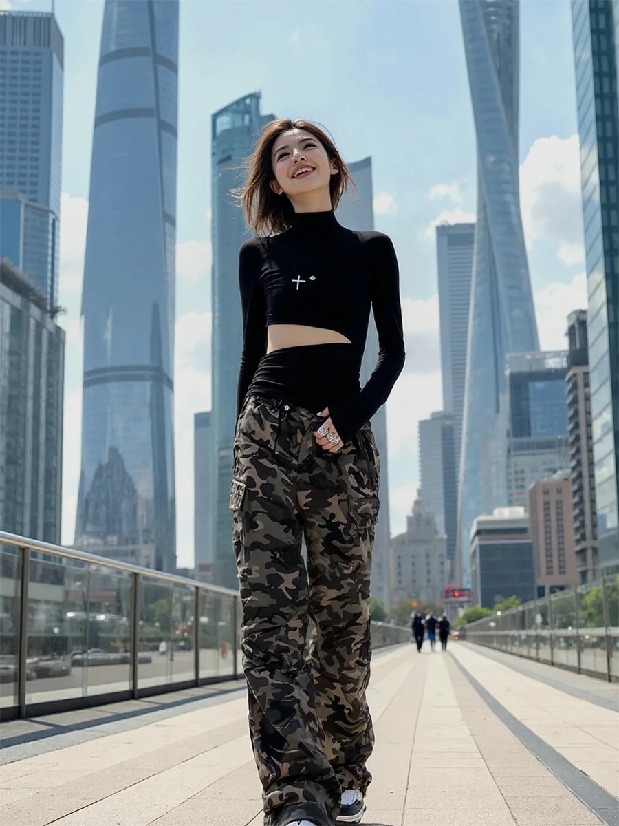 Camouflagebroek Dames Cargobroek Visnetpaneel Dames Doorschijnend detail Fashion Statement Edgy Rock Punk Gothic