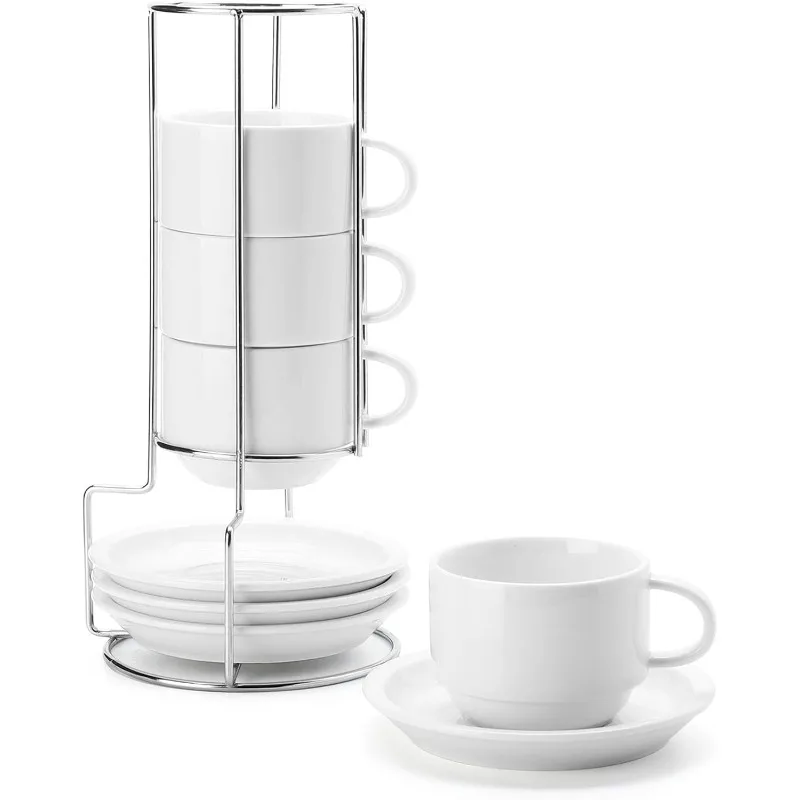 8 Ounce Porcelain Stackable Cappuccino Cups with Saucers and Metal Stand - for Specialty Coffee Drinks, Cappuccino