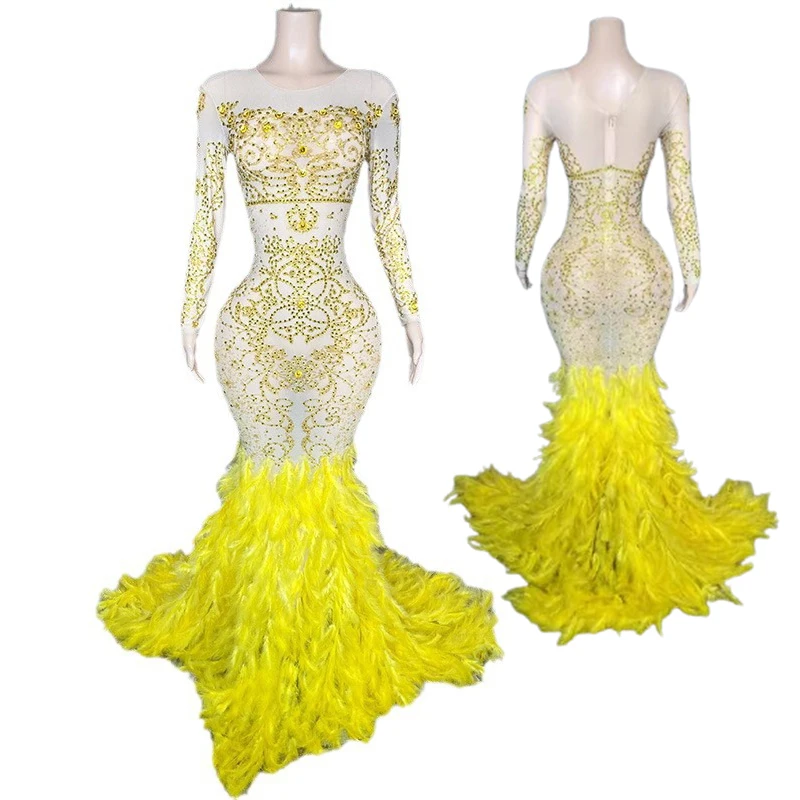 Bar Party Mesh Dress Sequined Feathers Crystal Dress Host Evening Dress Performance Vestidos De Mujer Elegantes Para Fiesta 2025