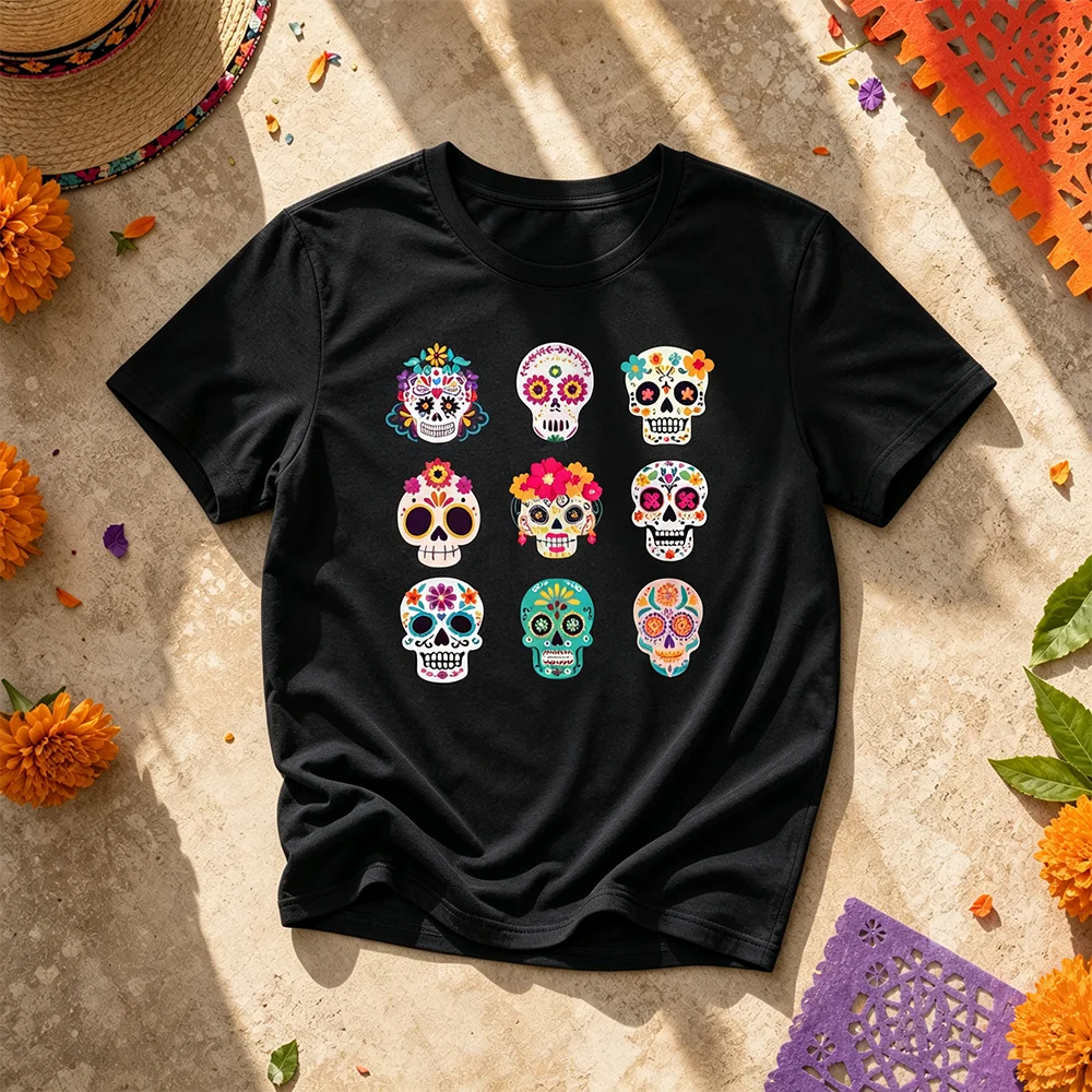Unisex Multi Sugar Skull Short Sleeve Tee Breathable Parent-Child Mexican Day of the Dead Fiesta Celebration Summer Casual Top