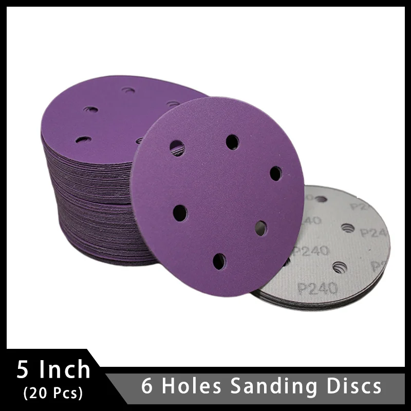 

20 Pcs 5 Inch 6 Holes Purple Film Sanding Discs Hook and Loop Ceramic Alumina Sandpaper for Uniform Grinding and High Precision