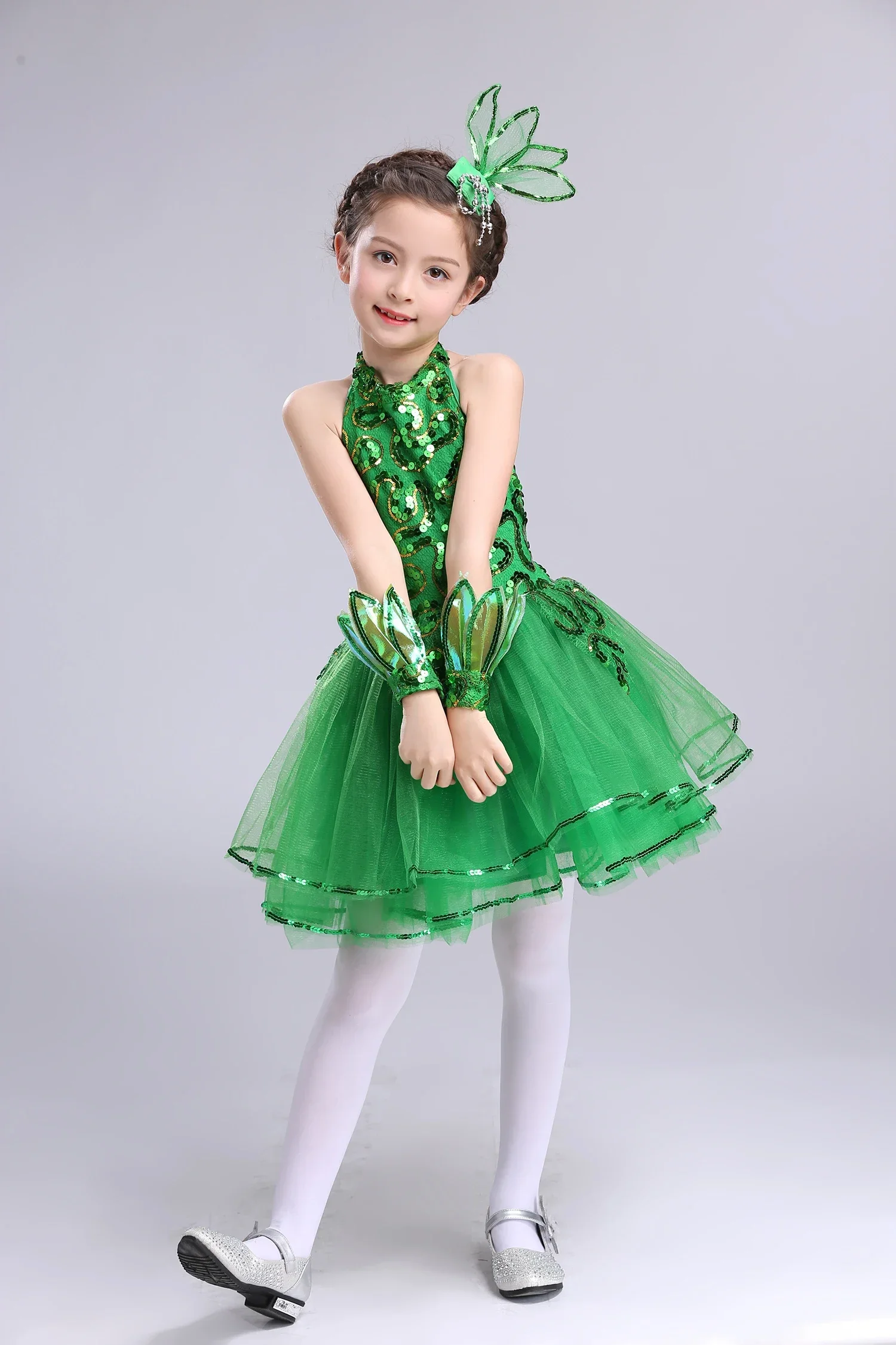 Vêtements de spectacle d'herbe latine pour enfants, robe de princesse bouffante verte, costume de chorale de jasmin pour filles, robe de Ballet de danse moderne