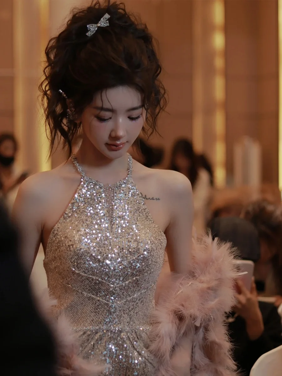 

Длинное вечернее платье Ele Ne Hanging Sle для женщин Faion ow Host Ball Birthday Par High-End Luxury Sensation