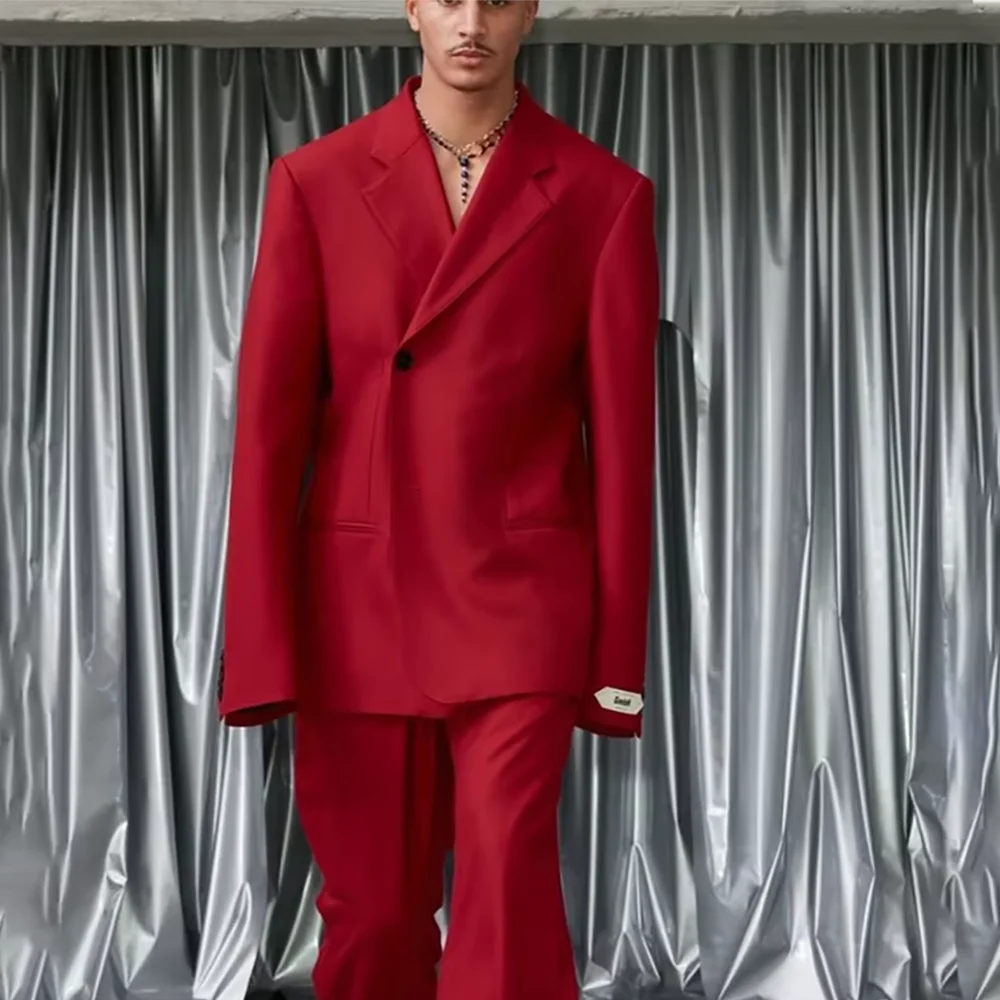 

Chic Men Suit Solid Color Single Button Elegant Outfit Notch Lapel Jacket Pants Loose Casual Daily Party Prom Male Set Two Piece