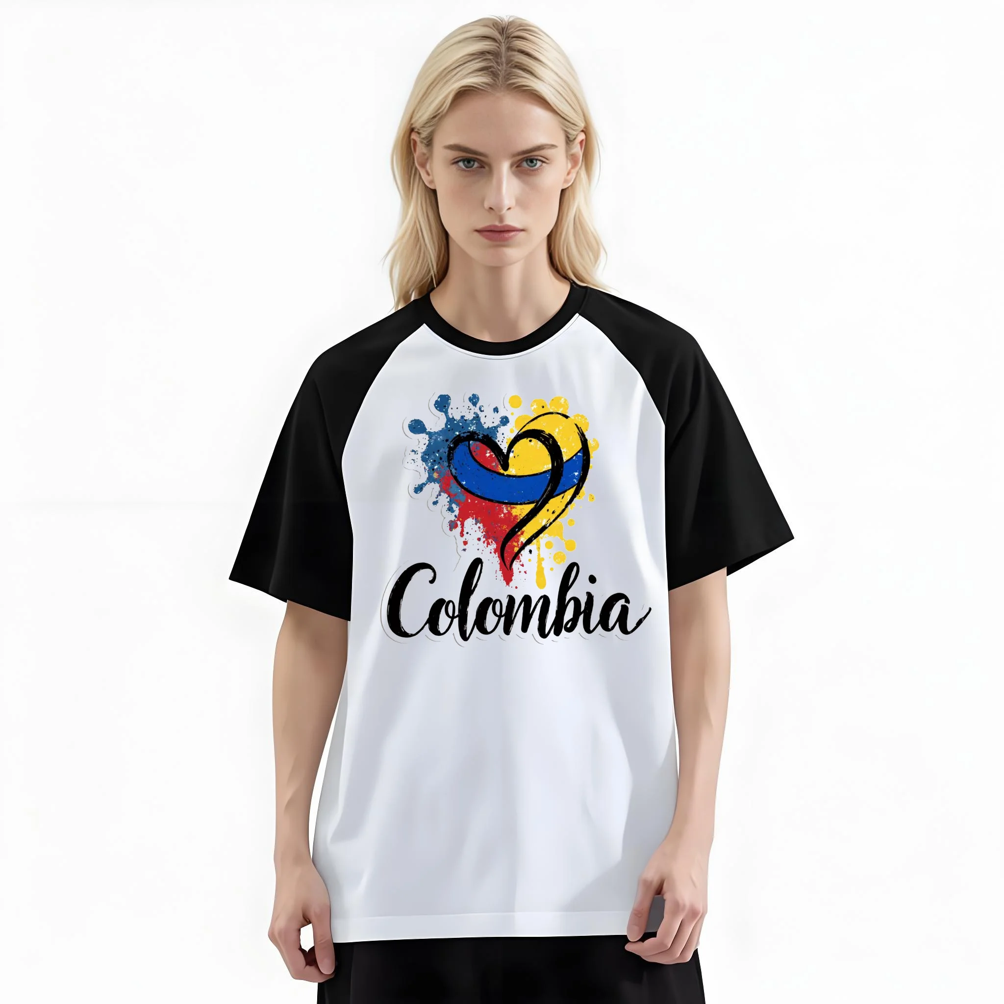 Women'S Fashion Raglan Sleeve T-Shirt, Columbia Flag Splash Heart Patriotic Hand Lettering Printed, Summer Casual Comfortable Tee, Women'S Everyday Short-Sleeve Top