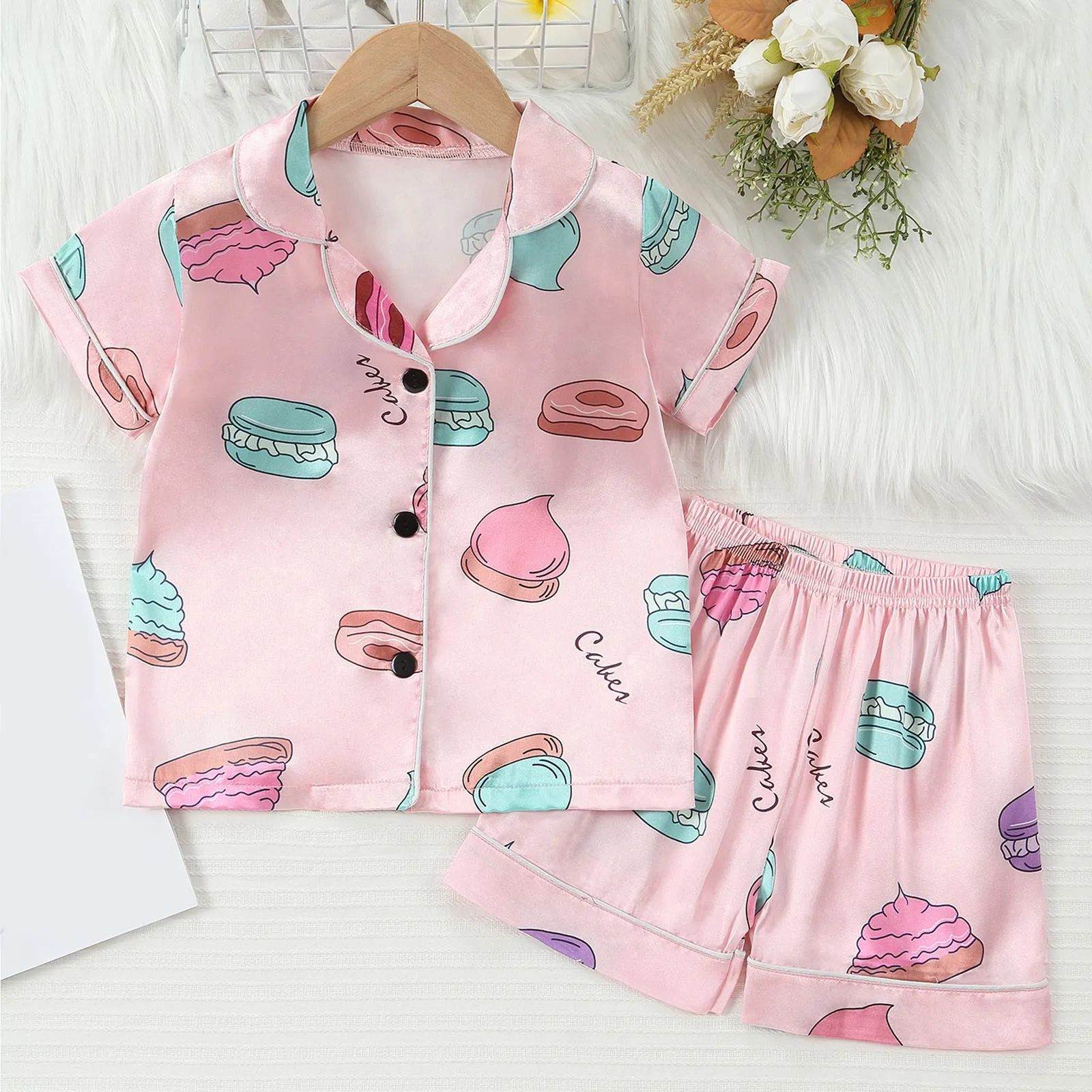 Toddler Kids Baby Boys And Girls Suit Sleepwear Cartoon Print Short Sleeve Pajamas Suit Summer Home Clothes 1T,2T,3T,4T,5T,6T