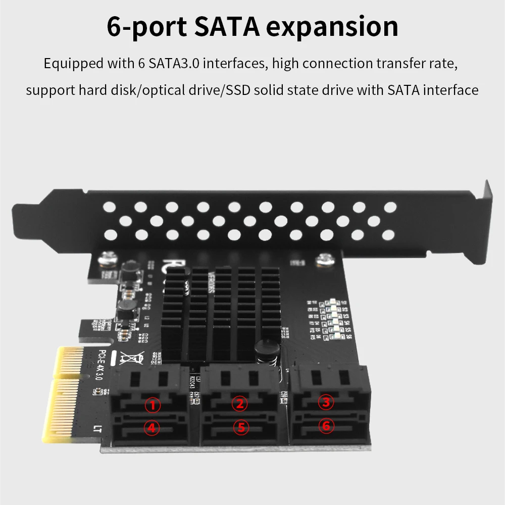 TISHRIC PCIE 4X To 6 Ports SATA 3.0 6 Gbps Expansion Card Pcie Splitter Controller PCI-Express 4x 8x 16x Add On Card for HDD SSD