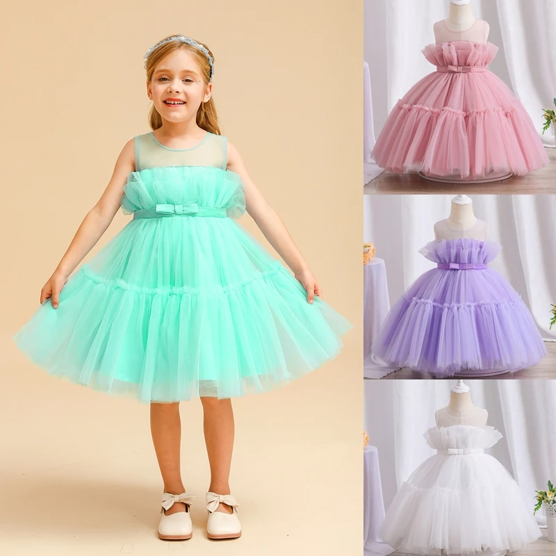 Fashion Solid Color Girl Evening Gown Lace Mesh Sleeveless Party Dress Kids Girl Summer Children Girls Party Dress for 1-5Y Baby